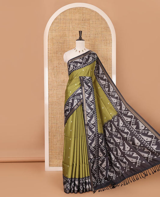 Olive temple buttas katan silk saree, contrast border & pallu of jamdani-style motifs & diamond motifs printed contrast blouse