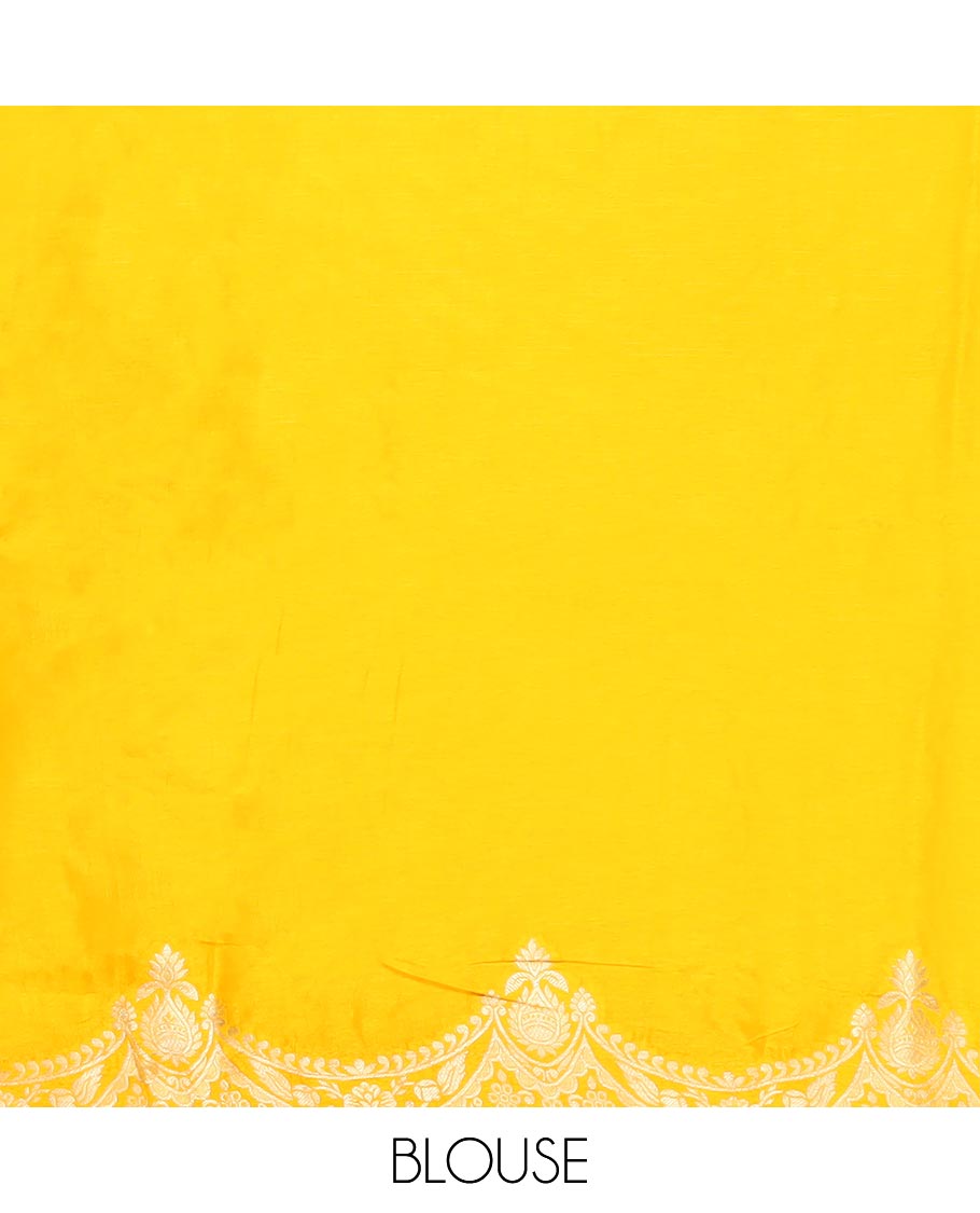 Yellow floral motifs semi-banaras dola silk saree with scallop border & peacock design pallu