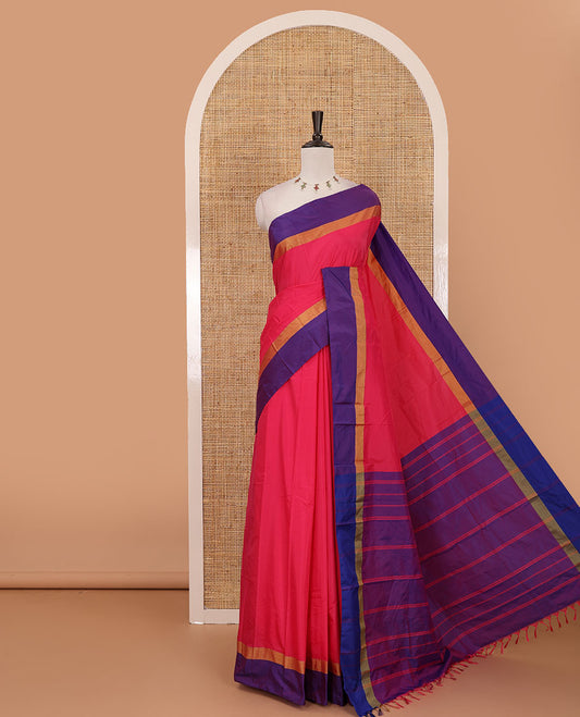 Rani pink full-plain semi-soft saree, contrast satin border of zari stripes, striped pallu & contrast plain blouse