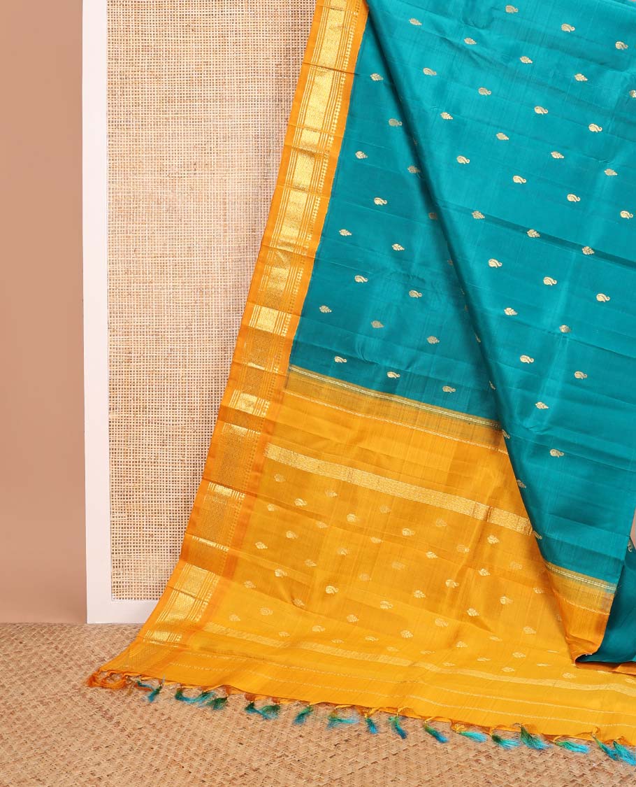 Blue floral buttas kancheepuram silk saree with contrast korvai border of rekku, banaras, geometric design & floral pallu