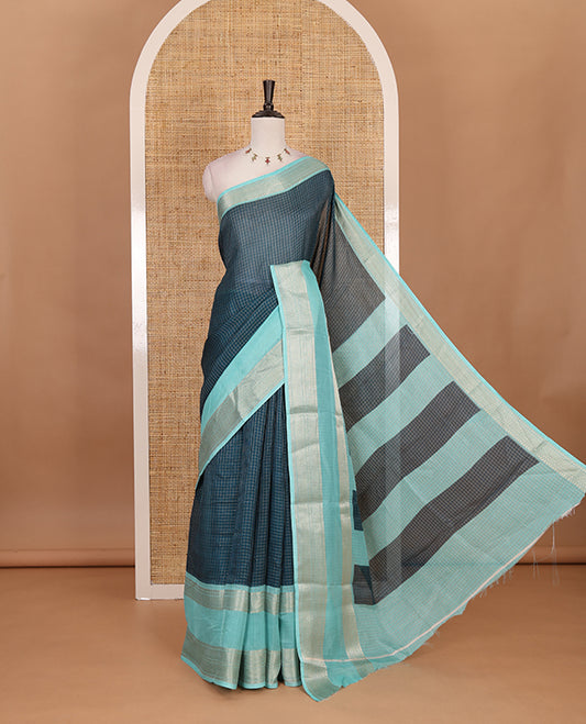 Blue Checked saree with contrast zari border and contrast striped pallu along with contrast blouse