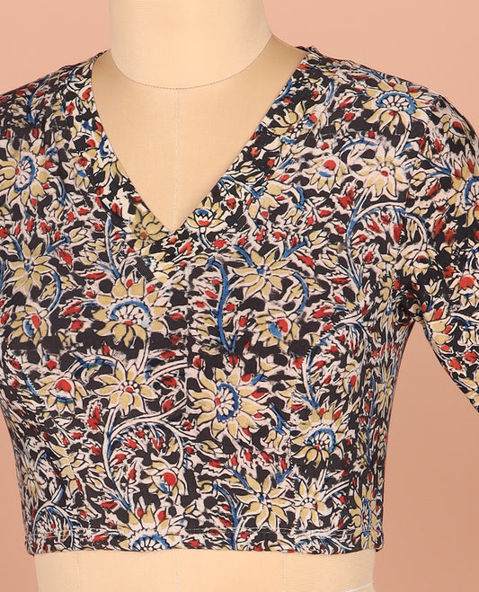 Black-base Readymade Blouse Detailed with Floral Vine, Featuring a Front V-Neck, a Back Closed Neck, and Full Sleeves