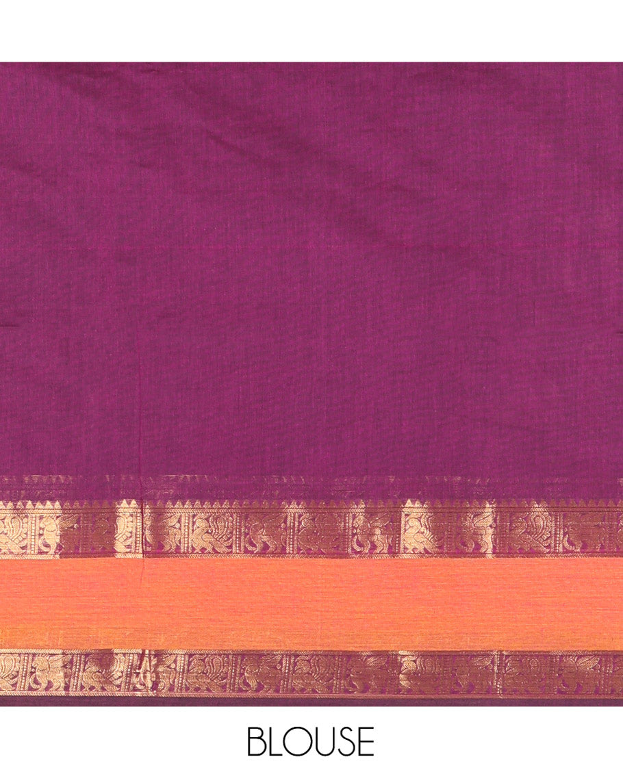 Purple Checked Chettinad Cotton Saree, Complemented by Contrast Rettai Pettu Granga-Jamuna Border, Jaal Pallu, and a Matching Blouse