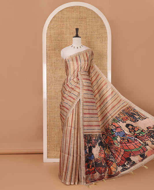 Borderless chikku checked & stripes printed fancy tussar saree, contrast painting-style Indian woven motifs printed pallu & checked printed blouse