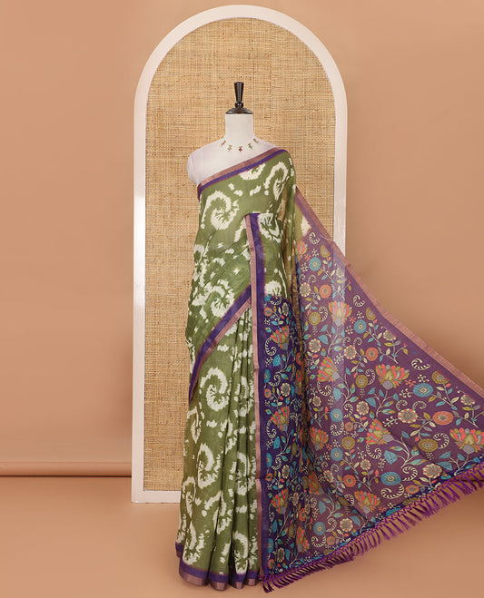 Olive green shibori-style printed linen cotton saree, contrast zari piping border, kamlamkari floral printed pallu & contrast printed blouse