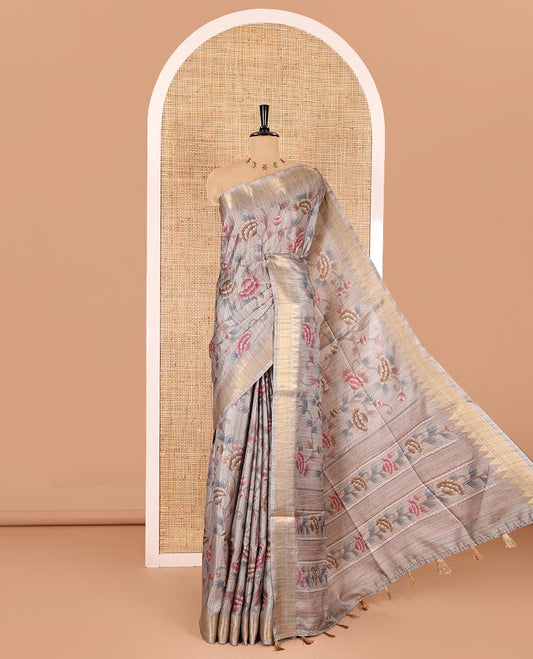 Fawn floral vine printed fancy tussar saree, zari temple border, floral printed pallu, and a matching zari woven blouse