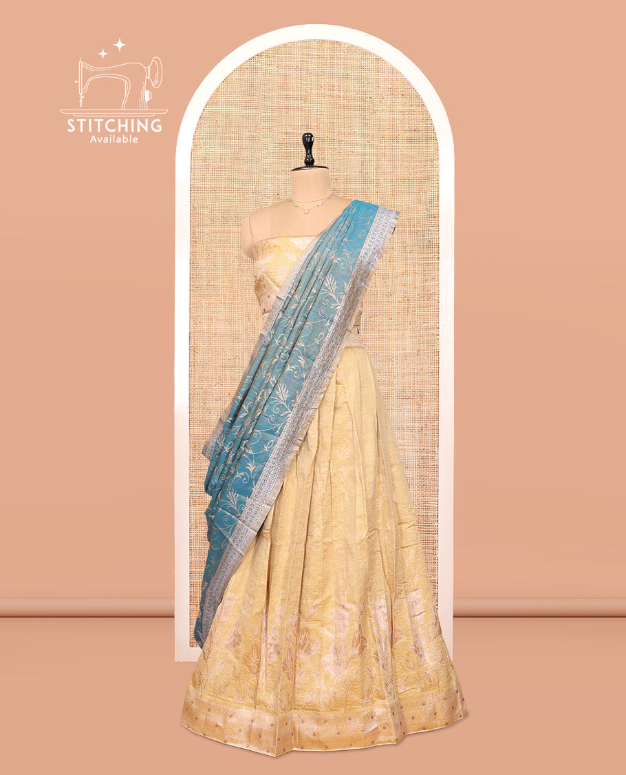 Sandal-Blue Banarasi Half-Saree Features Floral Vine Design Skirt, a Self-Border, a Matching  Blouse, and a Contrast Floral Vine Dhavani