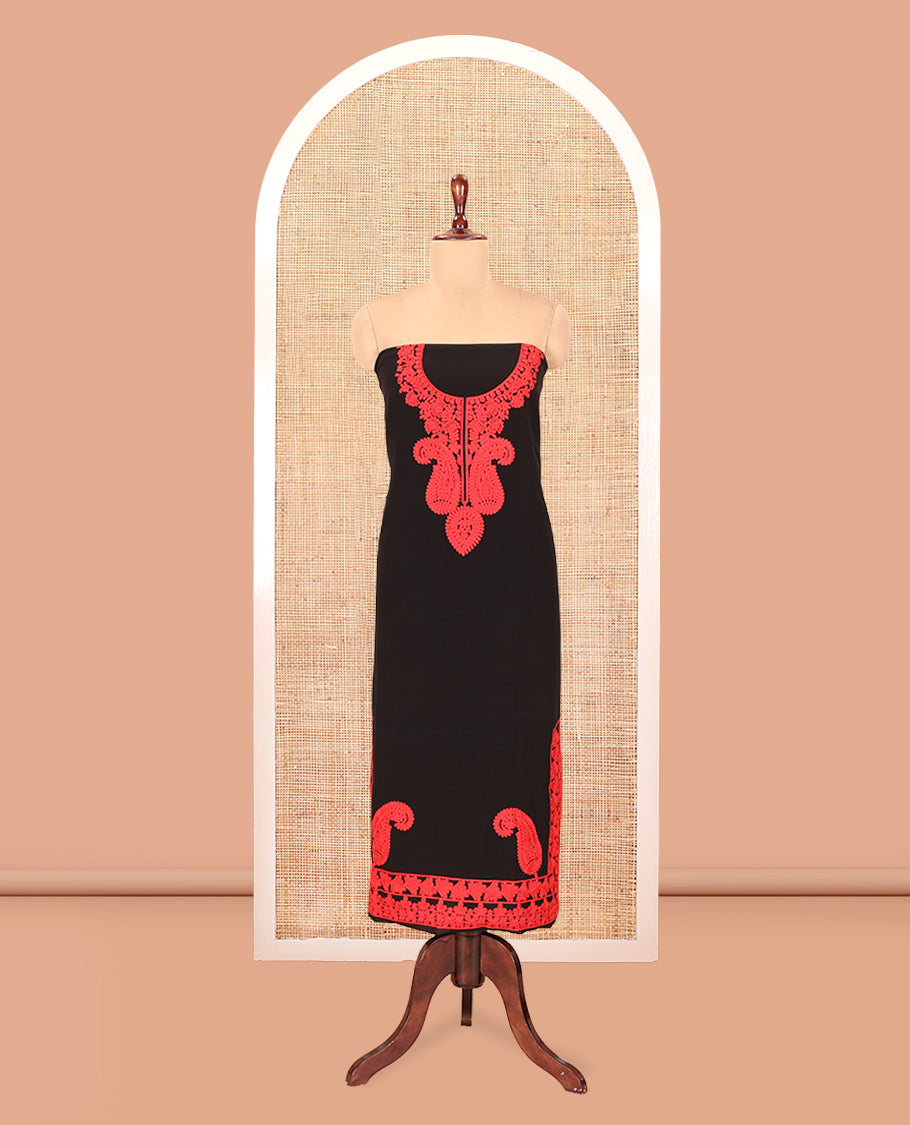 Black-Red Georgette Material Churidar Features Paisley Embroidered Top, Plain Bottom, Scallop Thread Embroidered Dupatta