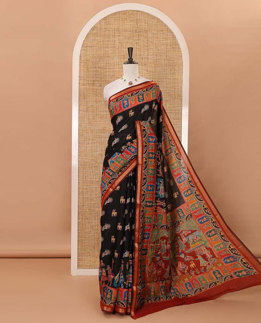 Black animal & Mughal human motifs position printed viscose muslin saree,contrast zari border & Mughal-style print pallu & contrast print blouse
