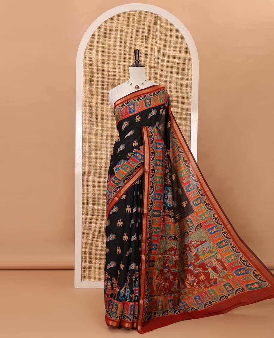 Black animal & Mughal human motifs position printed viscose muslin saree,contrast zari border & Mughal-style print pallu & contrast print blouse