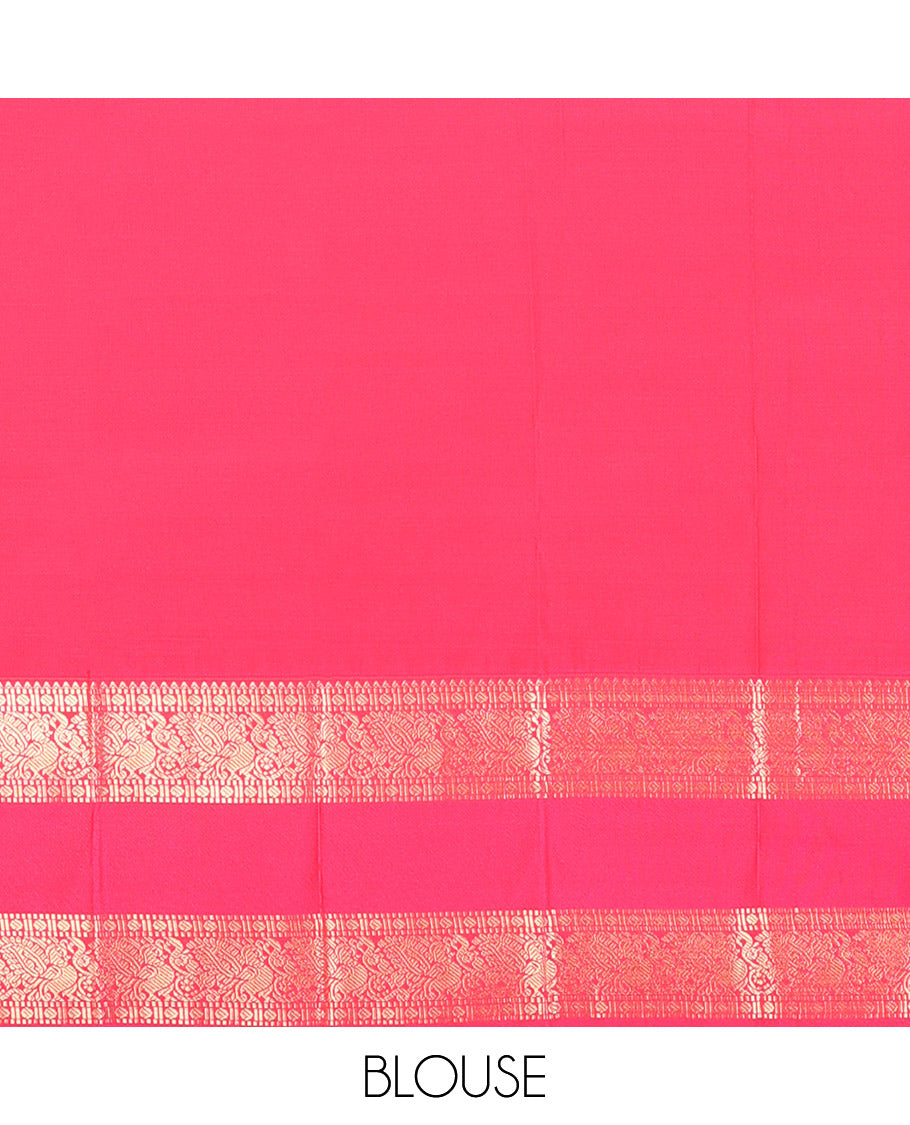 Yellow-Pink Budget Silk Saree, Accentuated with Zari Stripes, Contrast Rettai Pettu Peacock Border, Grand Pallu, and a Contrast Blouse