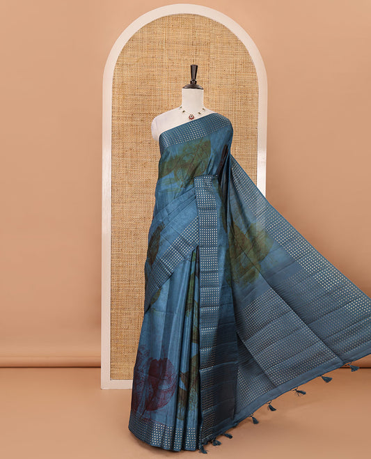 Peacock green leaf motifs eco-digital printed fancy tussar saree, zari border, pallu of dobby-style buttas & matching zari design blouse