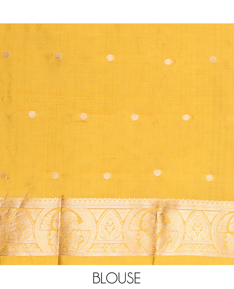 Borderless Mustard Kanchi Silk Saree, Subtly Sparkled with Zari Buttas, Mughal-Style Intricately Woven Pallu, and a Matching Blouse