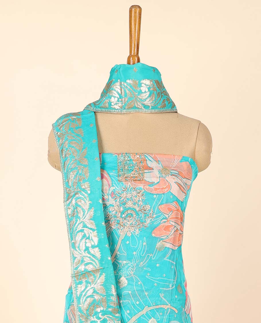 Blue material chudidhar set, floral printed & embroidered top, plain bottom & zari buttas dupatta