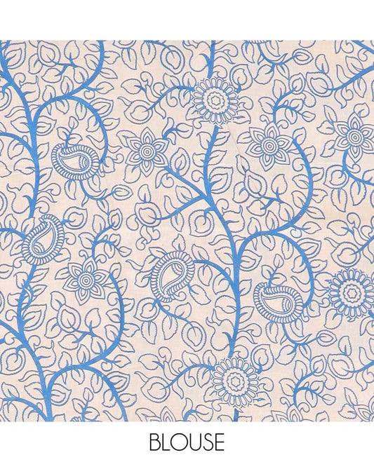 Cream floral vine machine-printed kalamkari cotton saree, contrast tree motifs border & peacock pallu