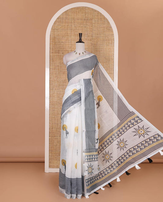 White sun and the giraffe motifs printed linen cotton saree, stripes printed zari piping border, pallu of triangle, and sun motifs print, and striped pallu