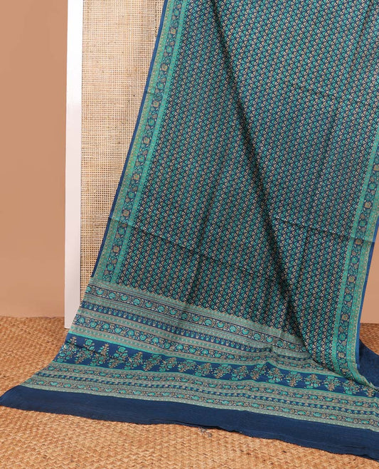 Dark blue leaf design printed silk saree with contrast intricate design border & floral design pallu