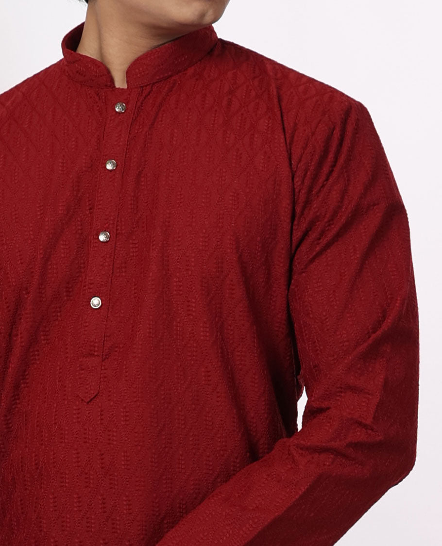 Red ogge design thread embroidery mandarin collar & full-sleeve long raw silk kurta 