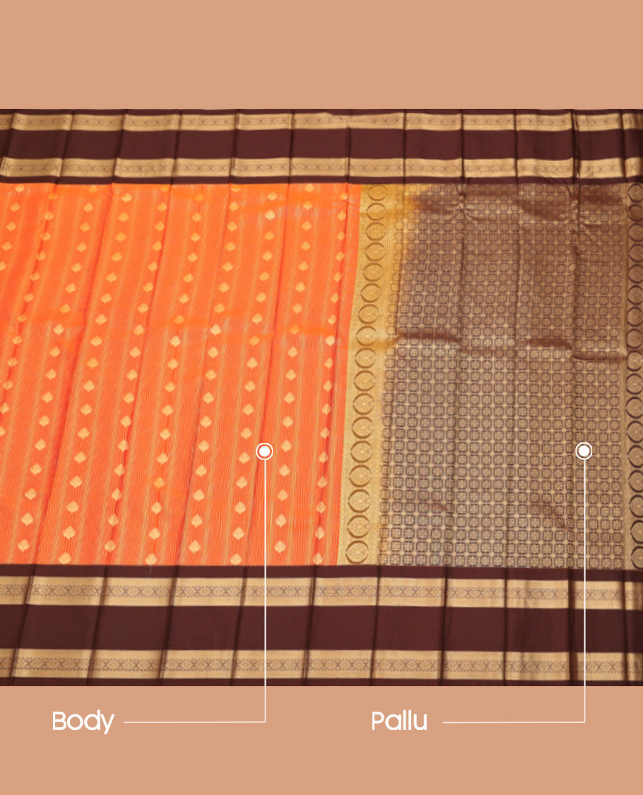 Orange Budget Silk Saree, Woven with Zari Buttas, Complemented by a Contrast Traditional Rettai Pettu Border, Grand Pallu, and a Contrast Blouse