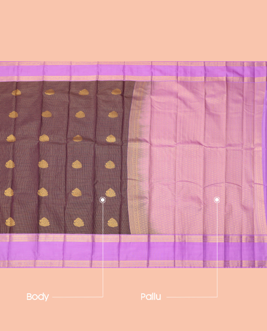 Purple Budget Silk Saree, Woven with Zari Buttas and Checks, a Contrast Traditional Zari Rettai Pettu Border, Grand Pallu, and a Contrast Blouse