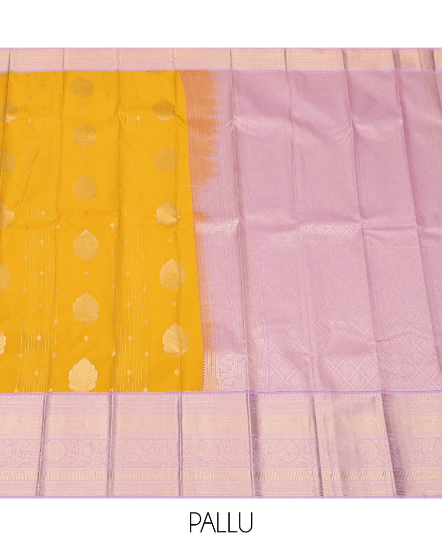 Yellow Budget Silk Saree, Subtly Sparkled with Zari Buttas All Over Its Body, Complemented by a Contrast Traditional Zari Design Border, Grand Jaal Pallu, and Paired with a Contrast Blouse