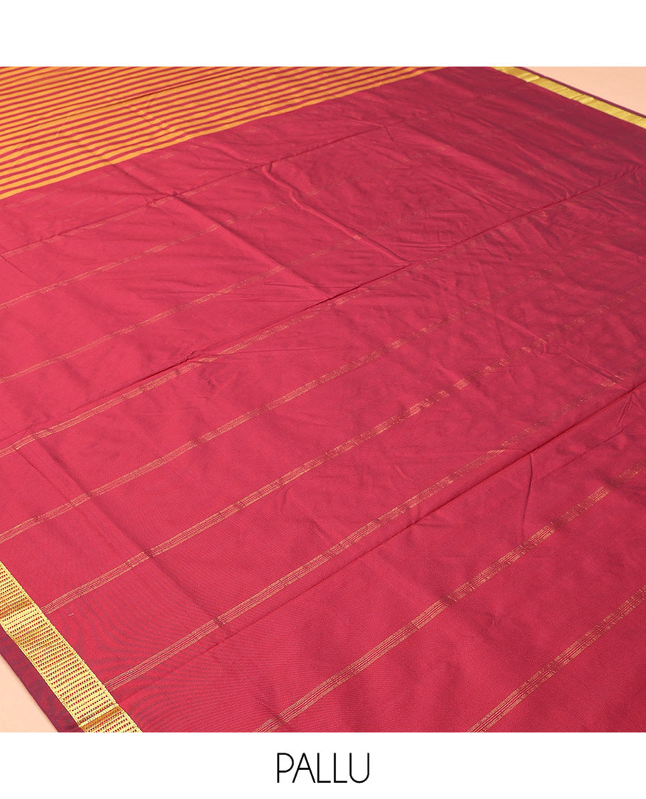 Maroon-Yellow Striped Art-Silk Nine Yard Saree, a Traditional Zari Border, Pallu of Zari Stripes, and No Blouse