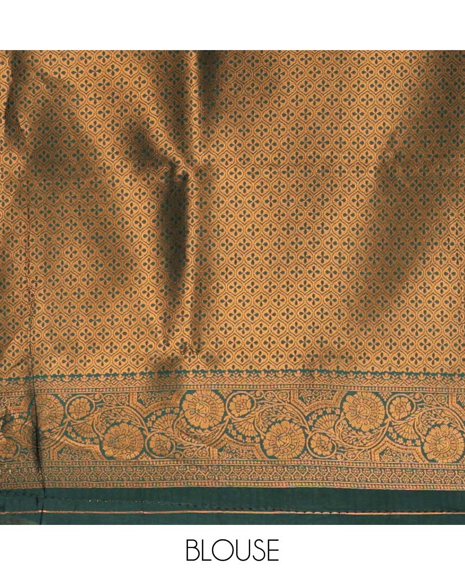 Borderless pink-green zari buttas & half-&-half vanasingari-style flora-fauna woven kanchi silksaree,self-pallu & blue blouse of zari brocade