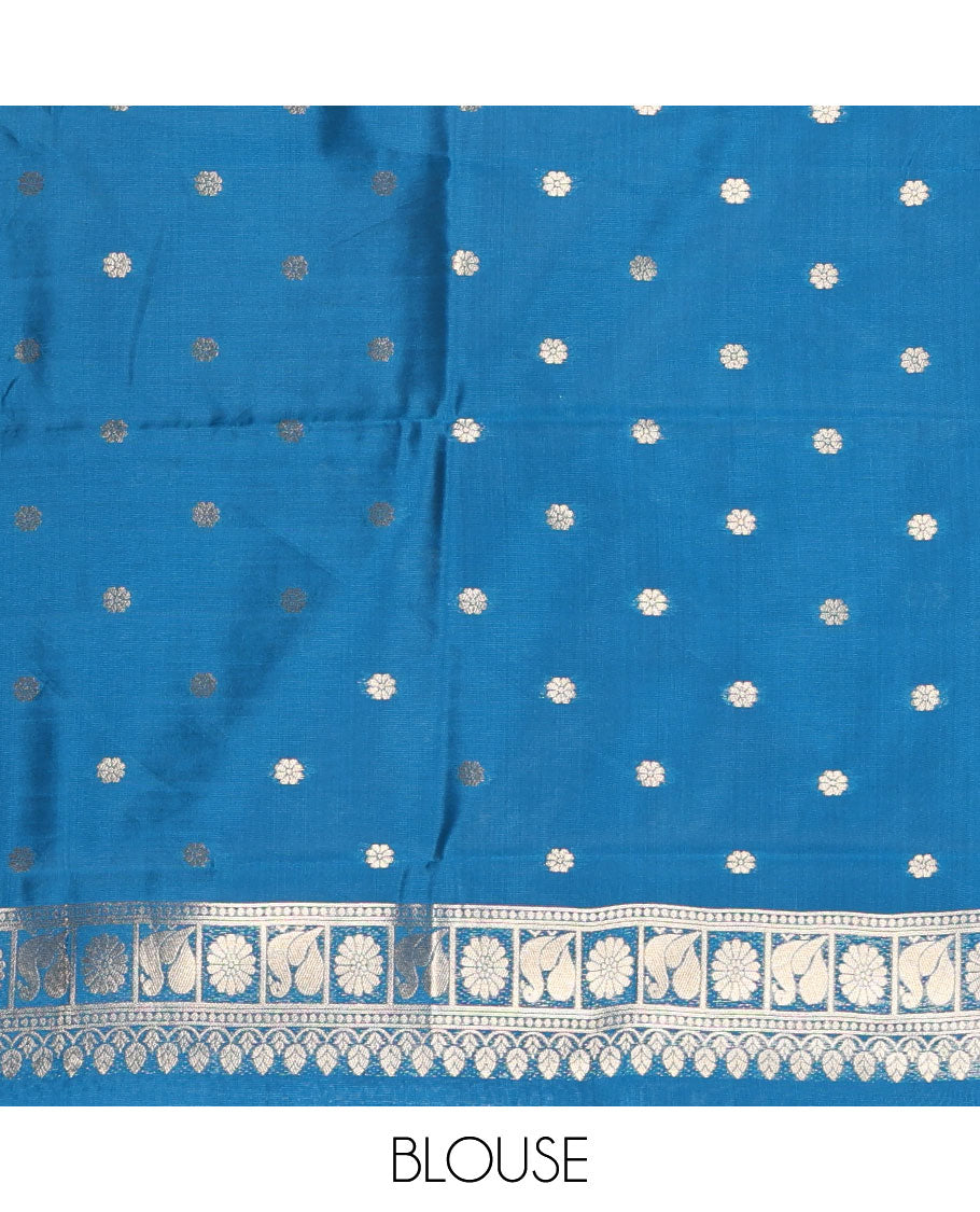 Borderless rama blue peacock, chakra, and pichwai cow buttas zari woven kanchi silk saree, peacock and chakra enclosed checked pallu, and matching blouse
