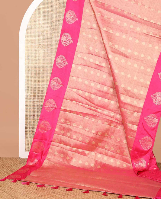 Pink zari butta design banaras tissue saree with butta border & rich brocade pallu along with running blouse