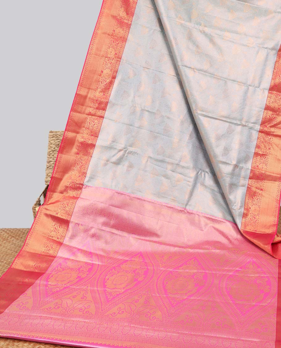 Blue floral jacquard budget silk saree with self floral zari border & pallu of floral zari design
