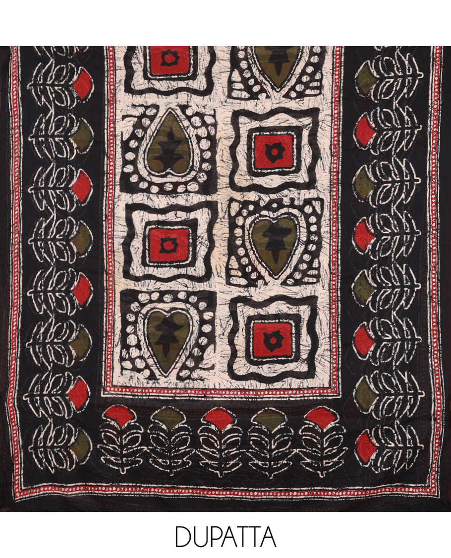 Black-Red Mul Cotton Material Chudidar, Batik Printed Top, a Contrast Bottom, and Batik Print Dupatta