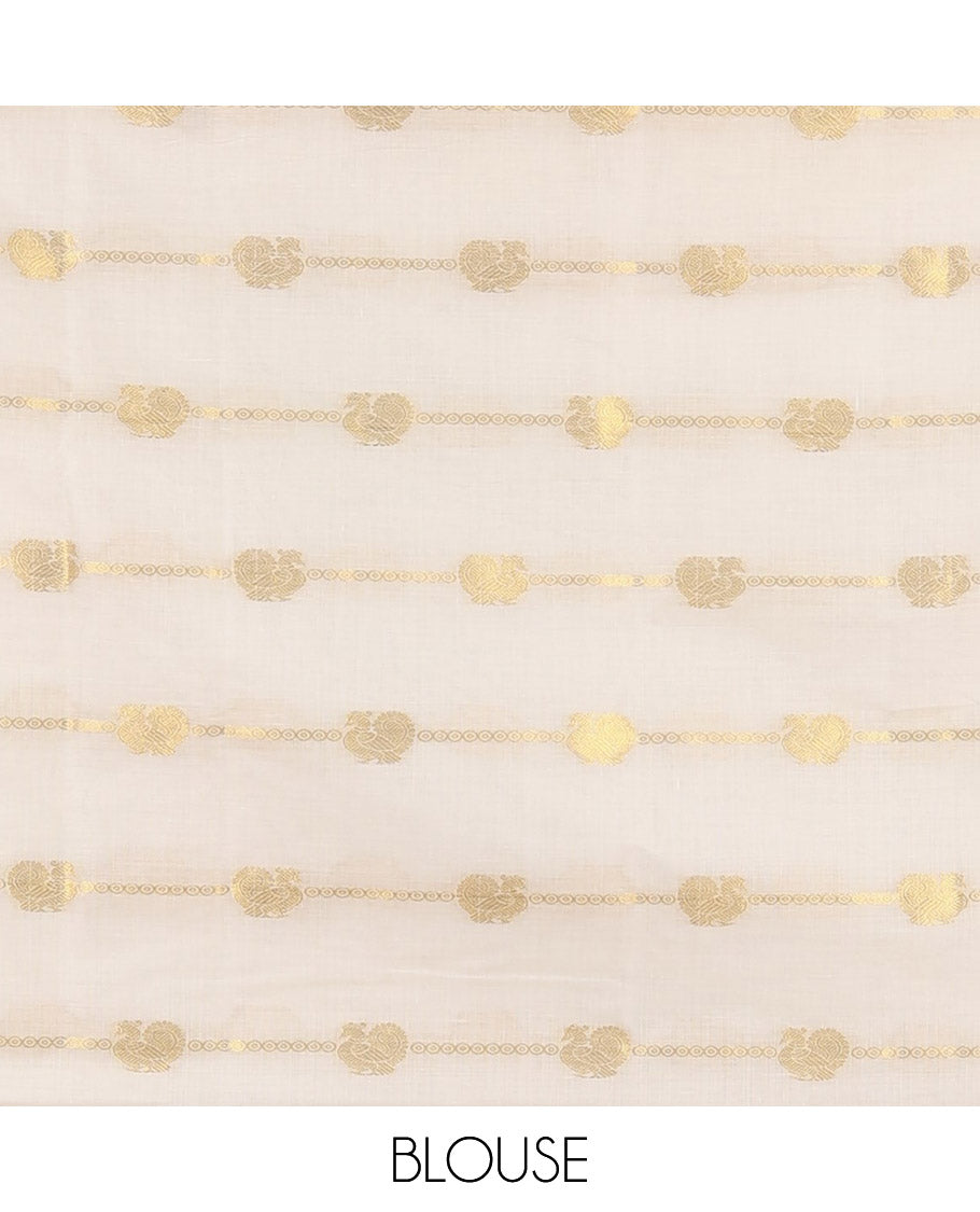 Borderless cream-black peacock and horizontal zari striped Kerala cotton saree, self-pallu with tassels, and a matching blouse