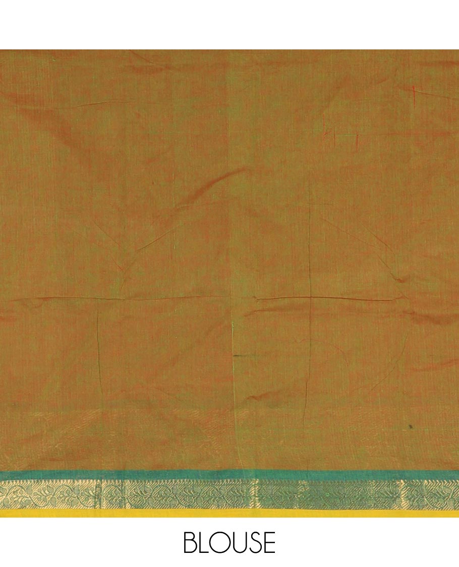 Green plain Chettinad cotton saree, contrast  annam and rudraksham motifs zari border, striped pallu, and plain blouse