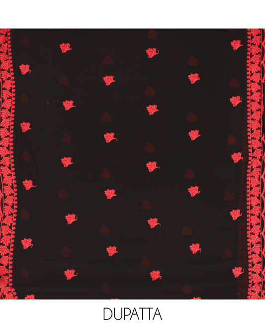 Black-Red Georgette Material Churidar Features Paisley Embroidered Top, Plain Bottom, Scallop Thread Embroidered Dupatta
