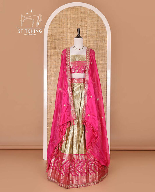 Gold banaras half saree, ogee skirt, contrast rani pink traditional zari border, matching blouse, and Syska georgette embroidered dhavani