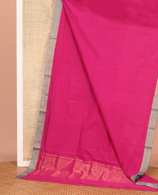 Pink Plain Mangalagiri Cotton Saree, Complemented by Contrast Traditional Zari Design Border, Gleaming Zari Pallu, and Paired with a Matching Blouse