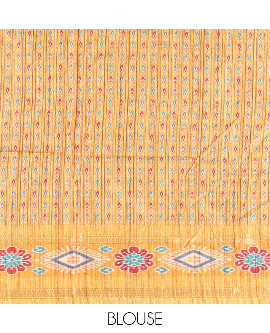 Chikku- yellow plain Katan silk saree, contrast ikkat floral-geometric printed temple border, ikkat printed pallu, and ikkat printed blouse