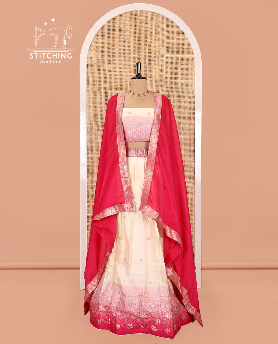 Cream-Rani Pink  Semi-Silk Half-Saree Featuring Buttas Skirt, Contrast Floral Border, Matching Blouse, Contrast Syska Georgette Dhavani