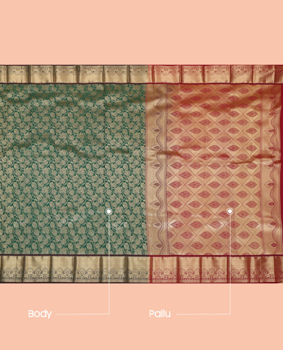 Green Budget Silk Saree, Embellished with Jacquard Design, a Contrast Traditional Zari Border, Grand Pallu, and a Contrast Blouse