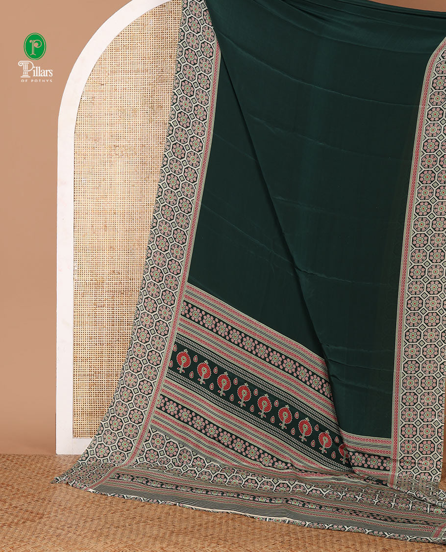 Bottle green plain modal satin saree, double-sided border & pallu intricately printed ajrakh-style design, ajrakh printed blouse