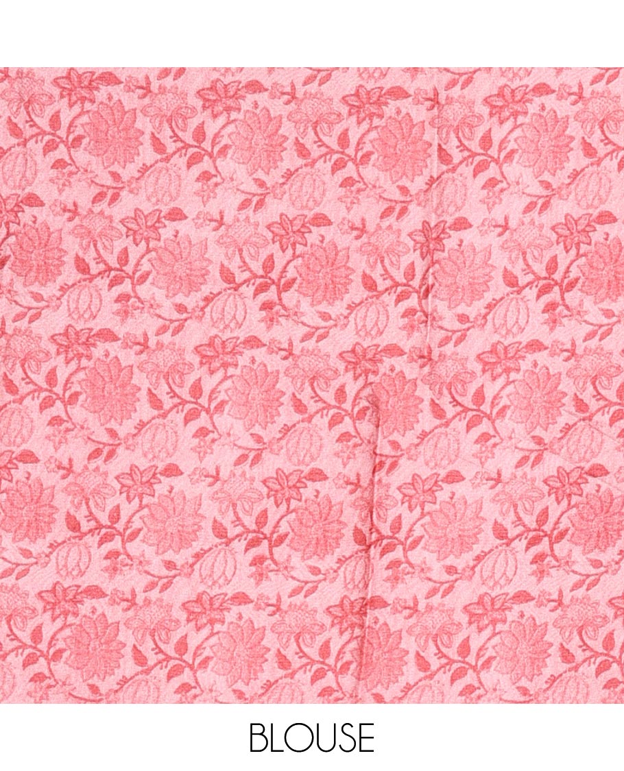 Pink leheriya style hand brush printed satin crepe saree, contrast border, plain pallu, and floral vine printed blouse