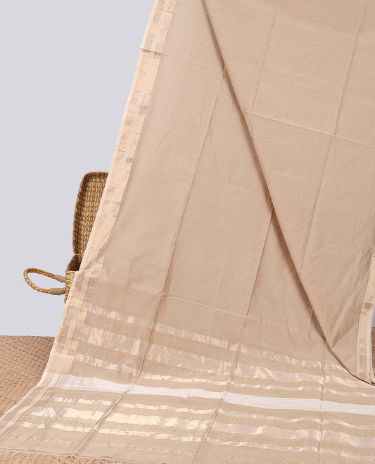Brown maheshwari cotton saree with contrast zari border & striped zari pallu