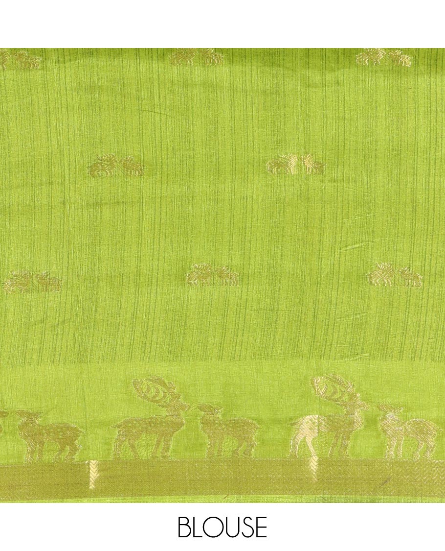 Dark violet deer copper zari buttas dola silk saree, contrast chevron and deer motifs zari border, deer motifs pallu, and contrast deer motifs blouse