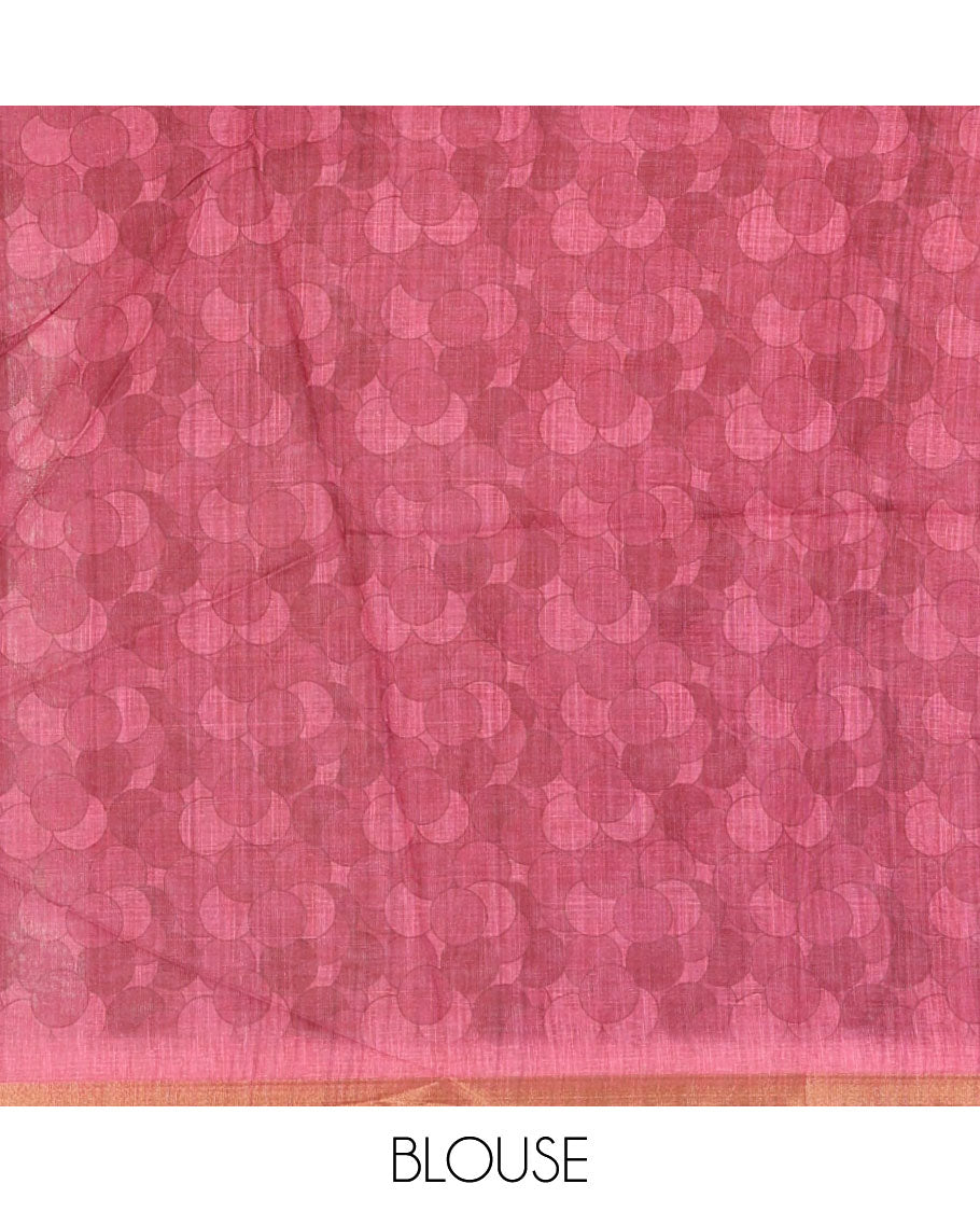 Pink polka dots printed linen cotton saree, piping border, kalamkari floral-peacock printed pallu & small polka dots printed blouse