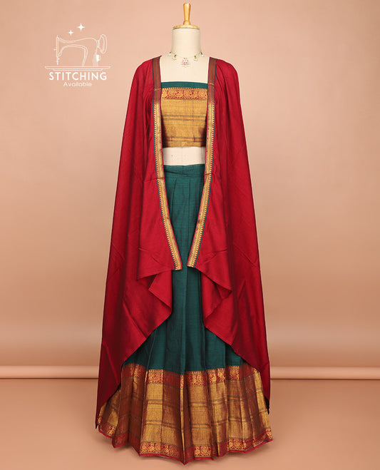 Dark green cotton half saree with contrast intricate zari design border, zari design blouse & plain, zari border dhavani