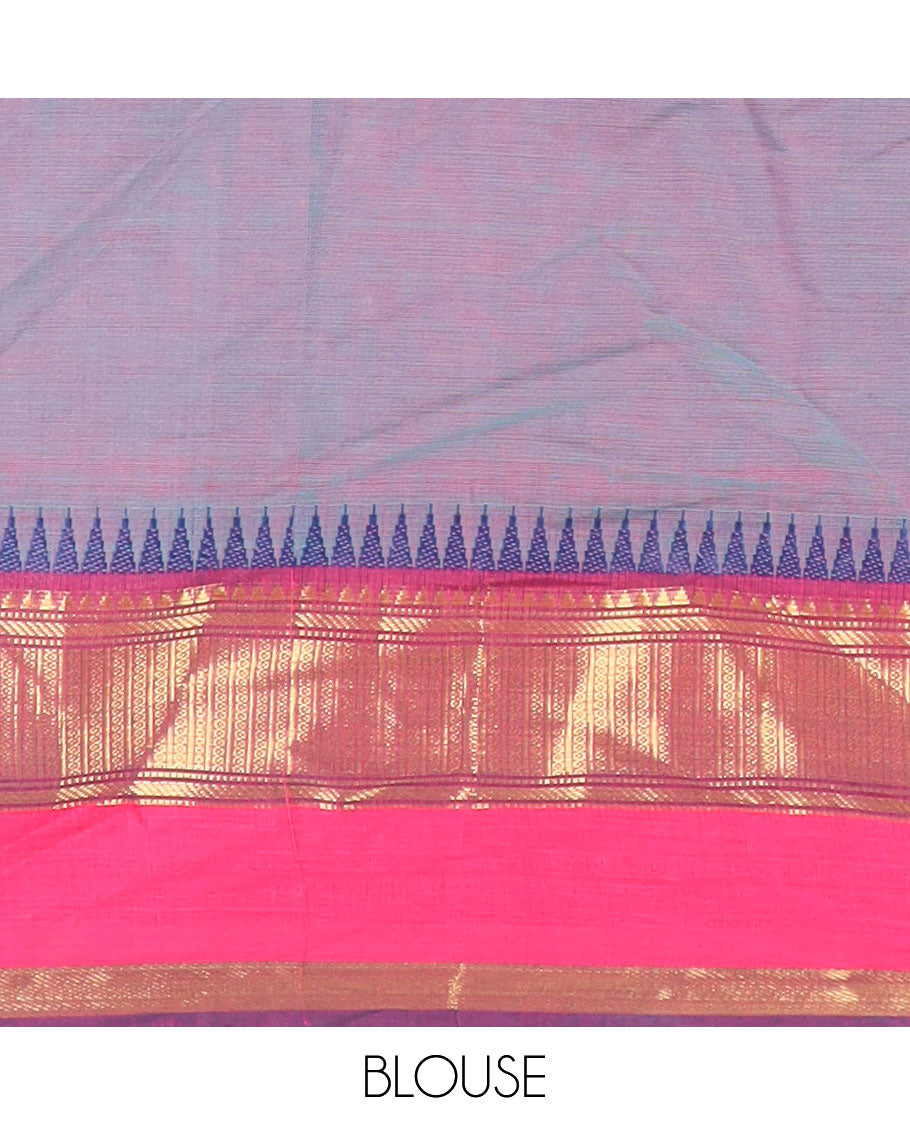 Purple nine yards cotton saree with contrast temple border & striped pallu