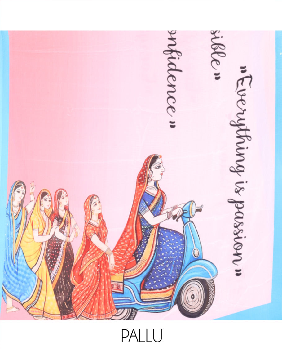 Pink Satin Crepe Saree, Uniquely Printed with Calligraphy Print, Complemented by Contrast Border, Pallu of Human Figurines Print, and Paired with a Contrast Blouse