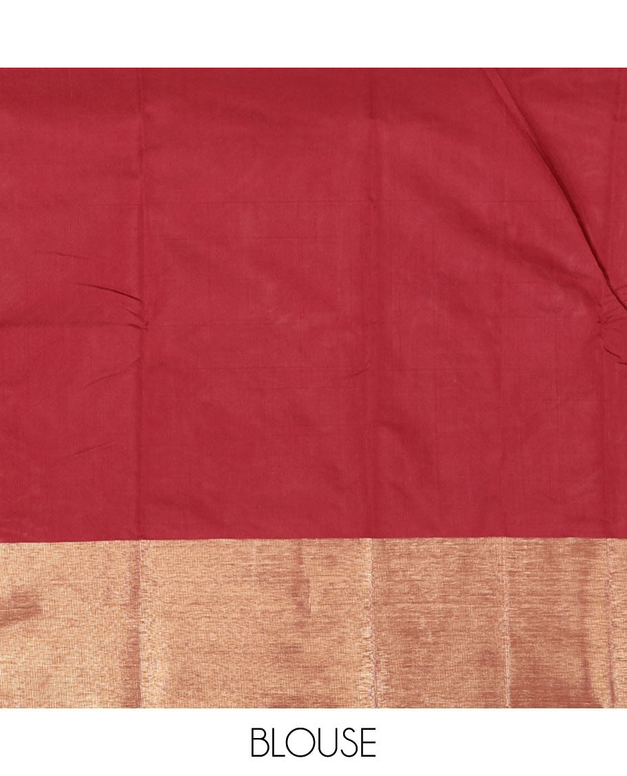 Maroon full-plain soft-mercerized cotton saree, zari bavanji border, striped pallu & plain blouse