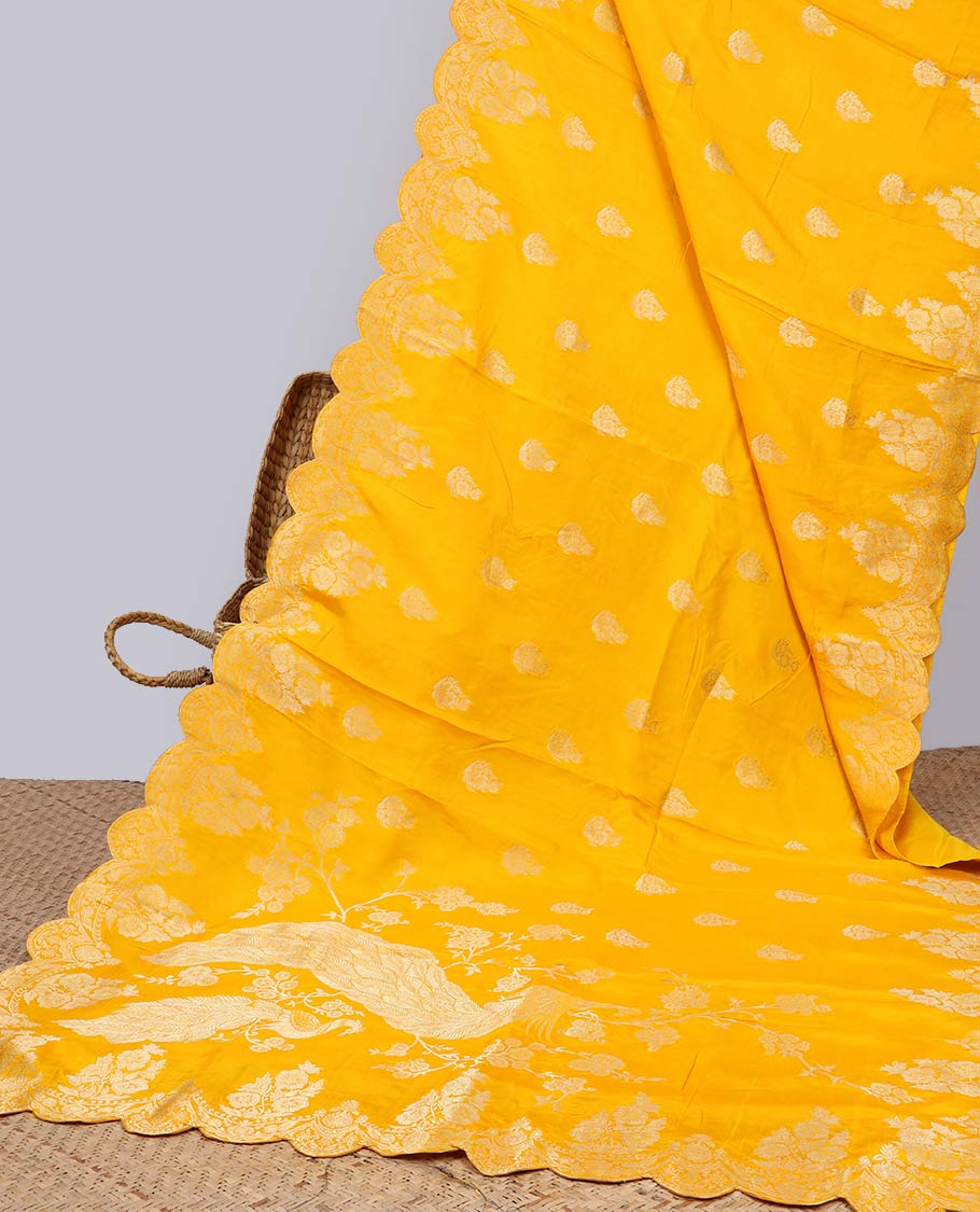 Yellow floral motifs semi-banaras dola silk saree with scallop border & peacock design pallu
