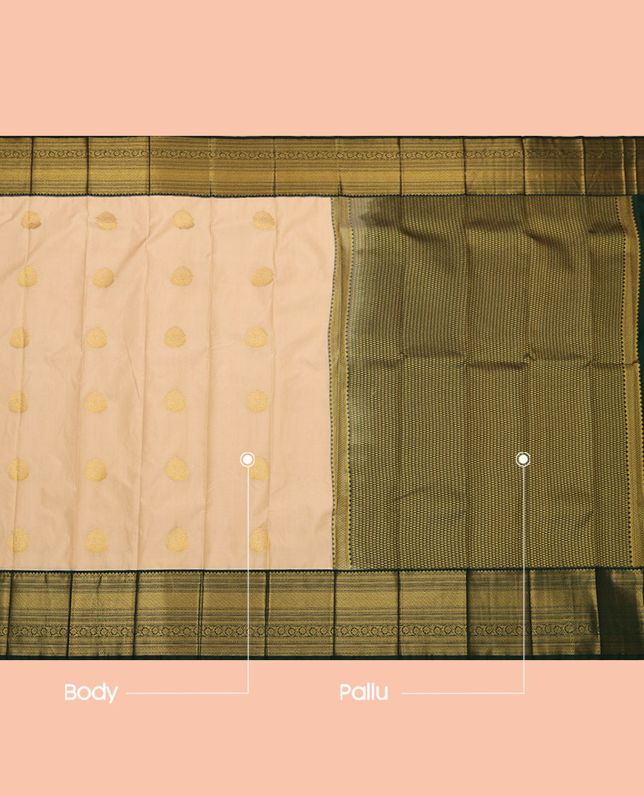 Sandal Budget Silk Saree, Sparsely Woven with Zari Buttas, Complemented by Contrast Traditional Zari Border, Grand Pallu and a Contrast Blouse